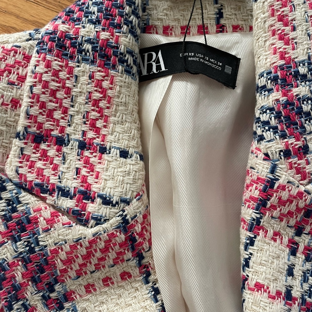 Zara Blue Pink Cream Plaid Tweed Double Breasted Blazer NWT Size XS Cropped - Picture 3 of 4
